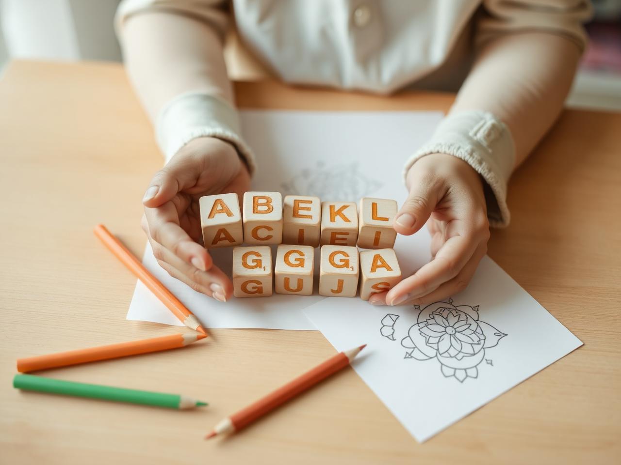 Mãos de educadora com material pedagógico de alfabetização