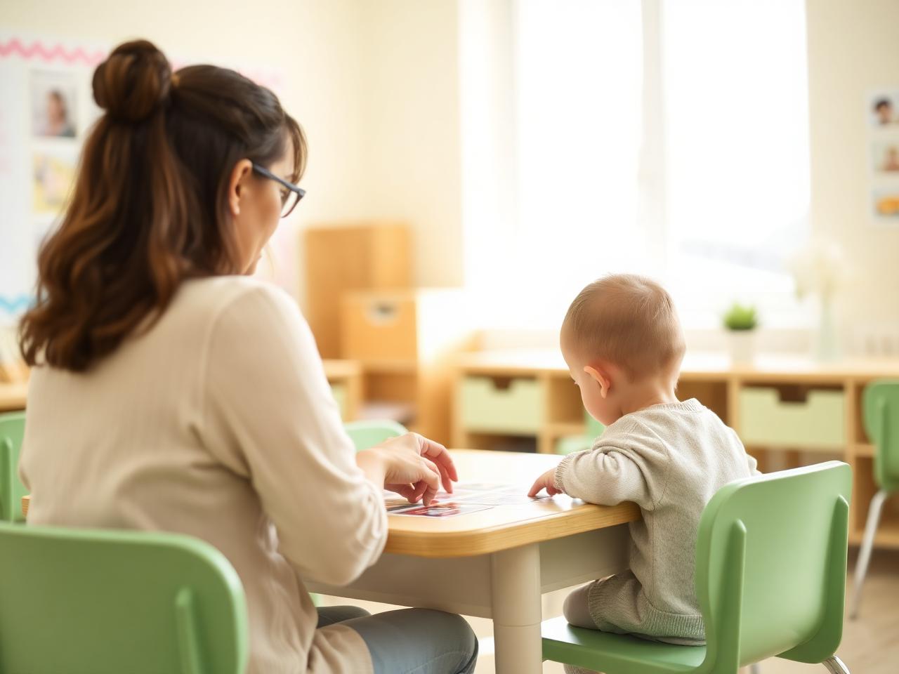 Educadora e criança trabalhando juntas com materiais pedagógicos